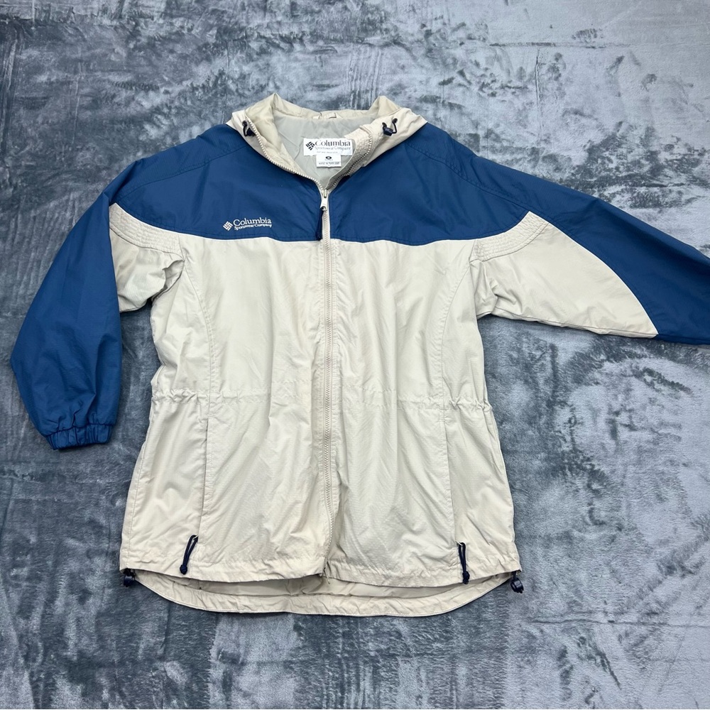 Columbia Women's Medium Tan Blue Lightweight Hooded Jacket Coat Full Zip EUC - Picture 2 of 13